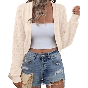 LOMON Honeycomb Cable Knit Cropped Cardigan Sweater Cream Open Front